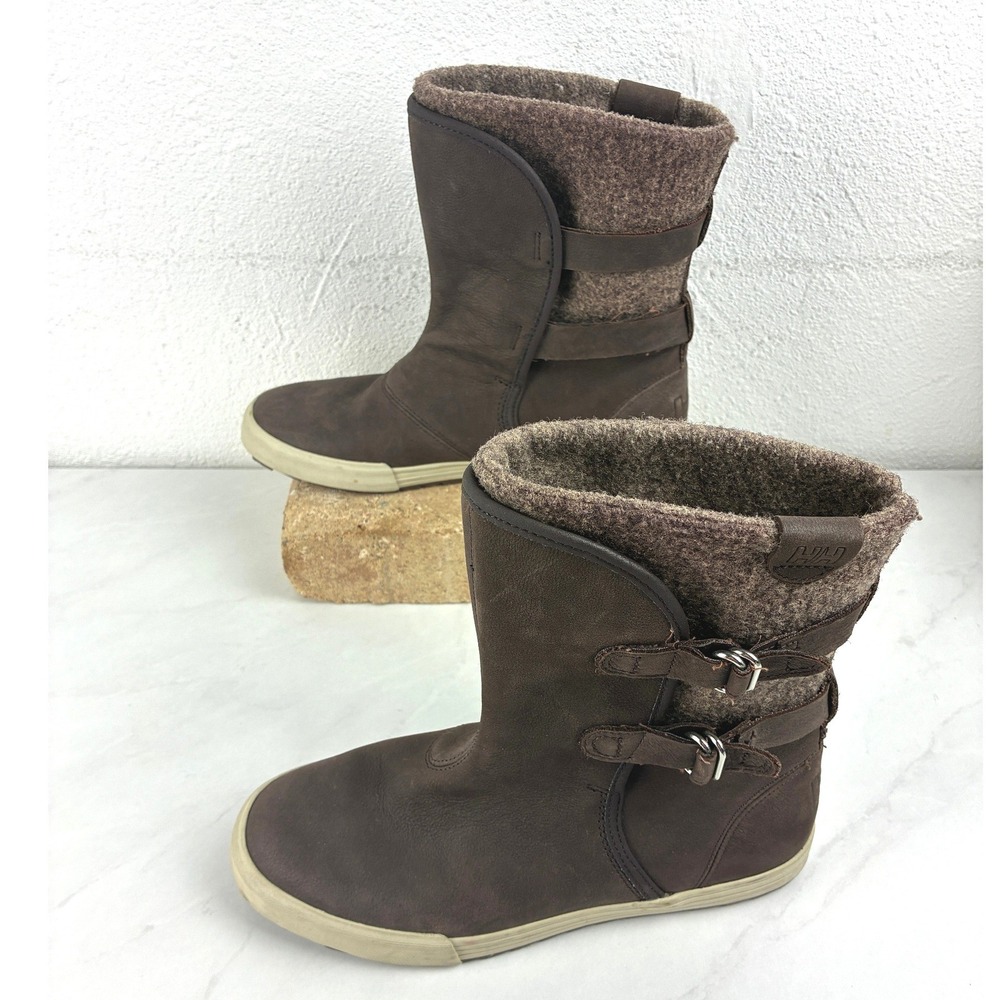 Helly Hansen Brown Leather Wool Blend Buckle Winter Boots Size 8.5 Gorpcore Cozy